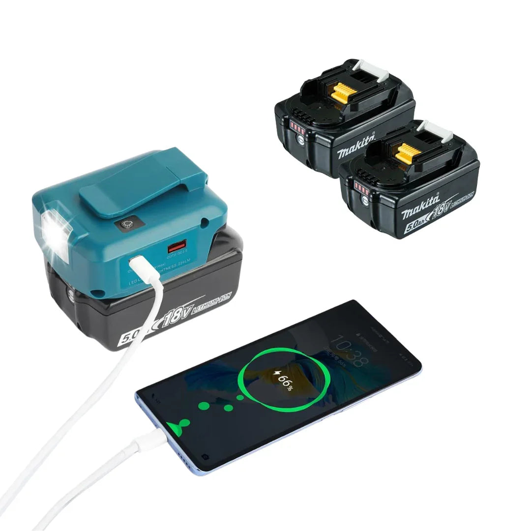 Makita ADP05 Cordless USB Power Adapter + 2× 18V 5.0Ah Batteries