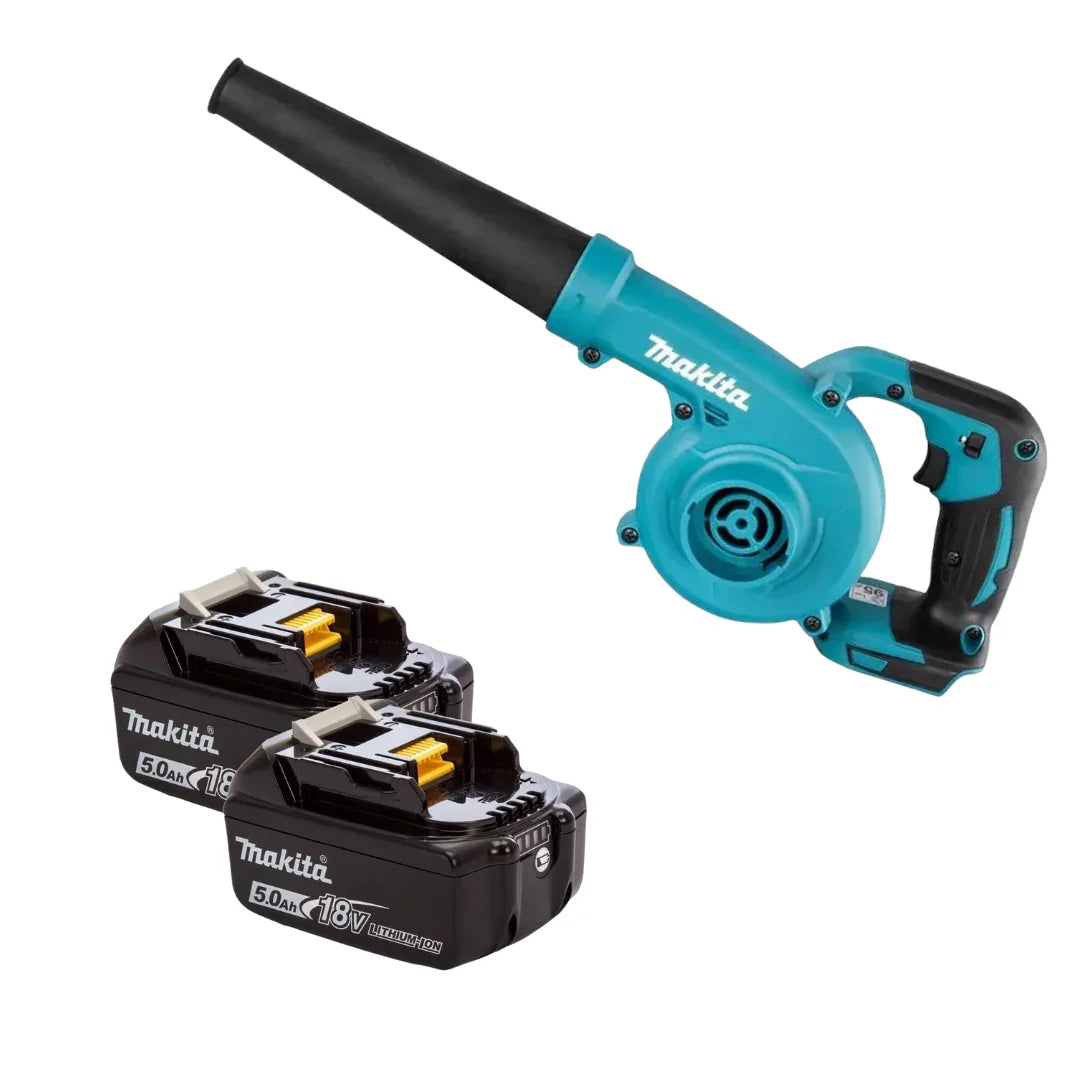 MAKITA CORDLESS LEAF BLOWER INCLUDING DUST BAG AND 2 X 5.0AH BATTERIES